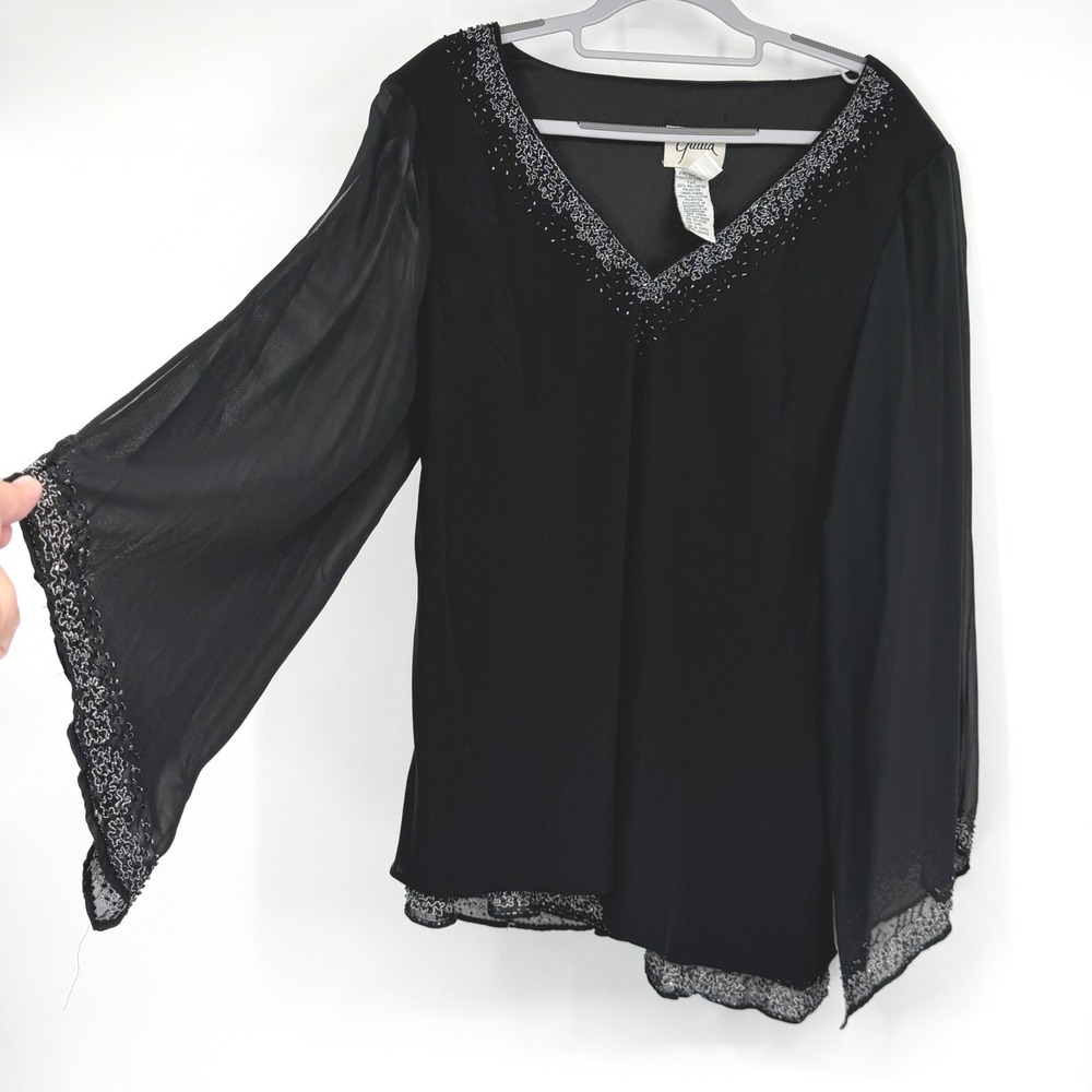 Gulia Women 16W Black Beaded Sheer Bell Sleeve Evening Blouse Top Plus Size